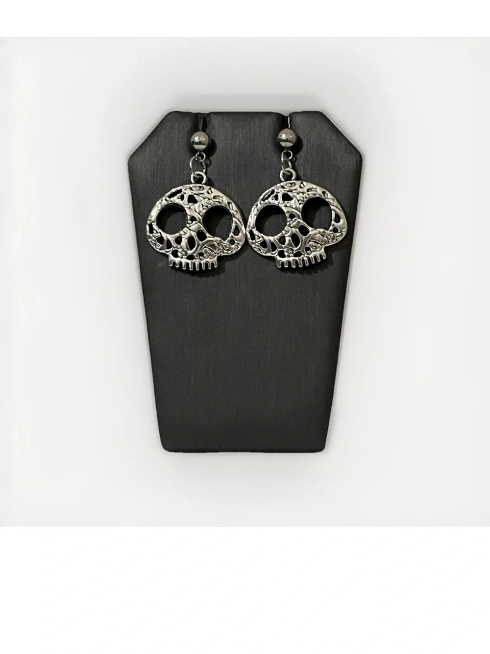 Gothic Sugar Skull Dangle Earrings Silver Tone Ornate Floral Halloween Jewelry